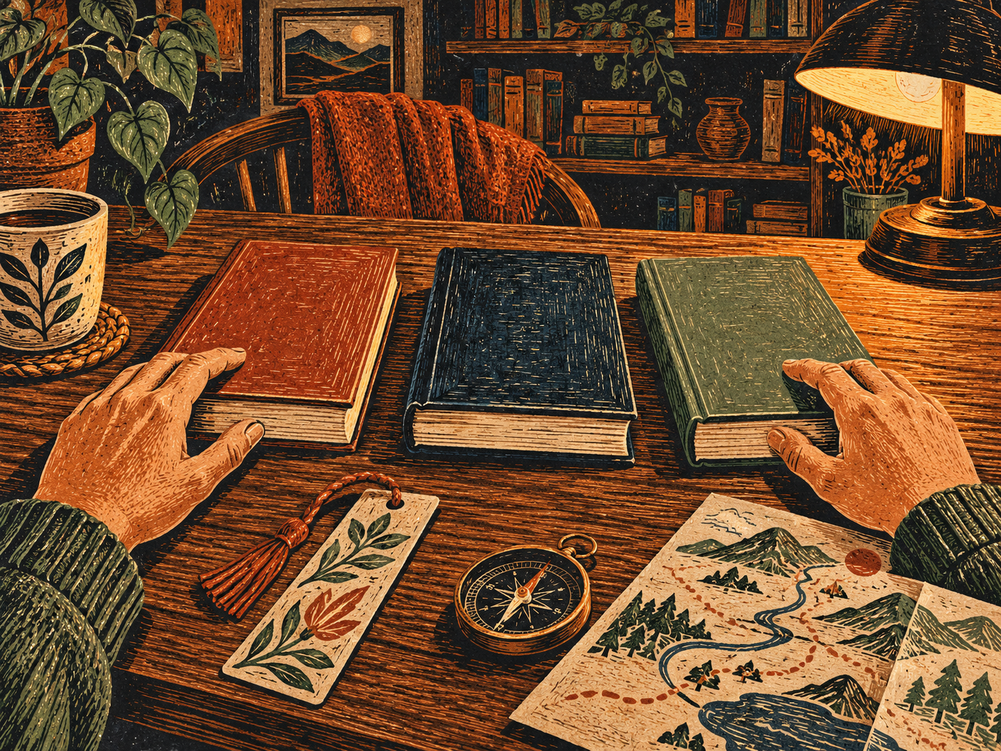 Mãos diante de três livros sobre uma mesa, com mapa e bússola ao lado.